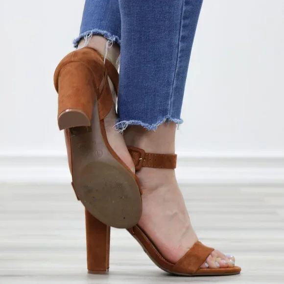 Faux Suede Open Toe Block High Heel Sandals - Picture 3 of 12